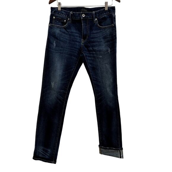 Uniqlo Mens 32 Slim Dark Wash Distressed Selvedged Denim Jeans Kaihara Frabric - Picture 1 of 10